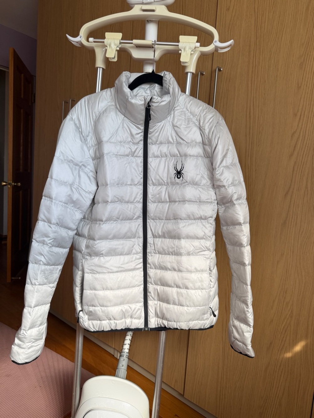 Spyder White Quilted Puffer Down Jacket with Black Logo and Trim